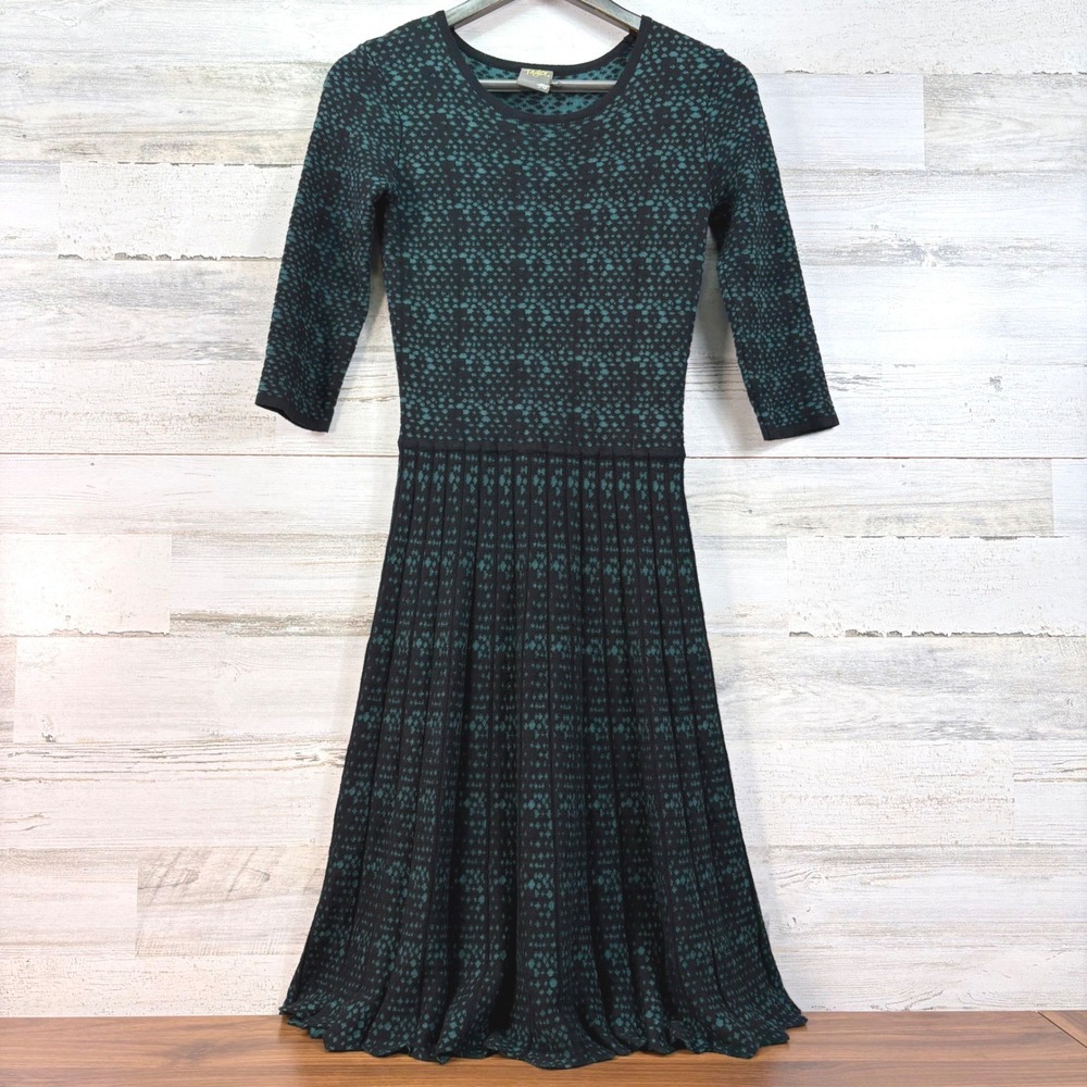 Taylor Teal Green Black GeoJacquard Pleated Fit and Flare Sweater Dress Small